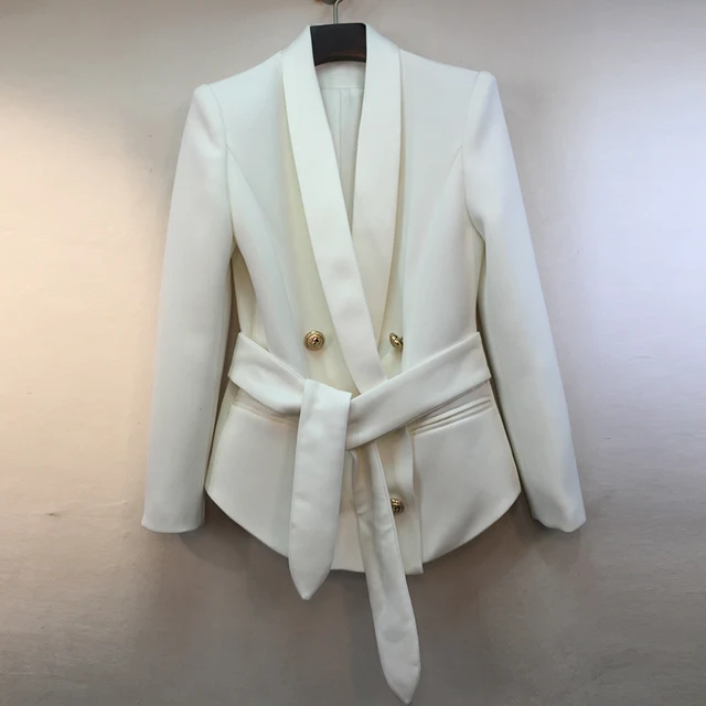 HIGH STREET Newest Fashion 2024 Designer Blazer Women's Shawl Collar Double Breasted Metal Buttons Belt Blazer Jacket 6