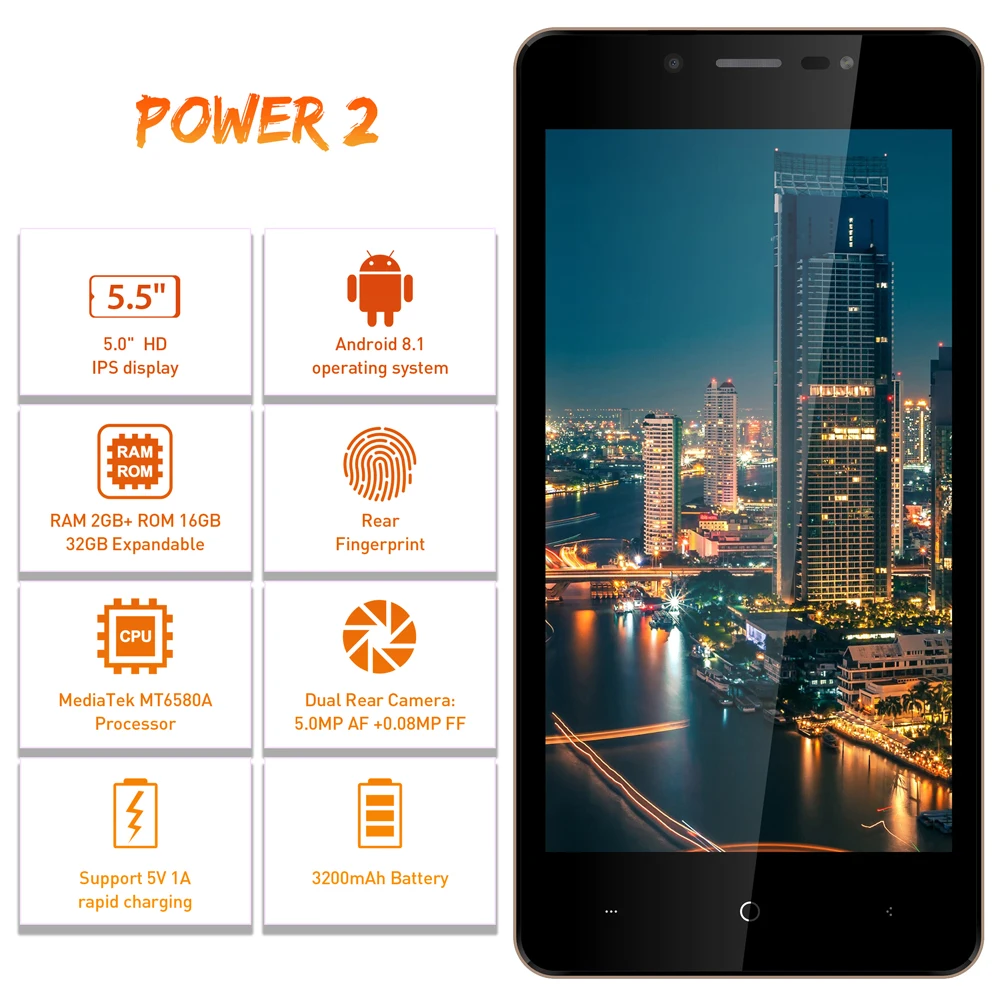 LEAGOO POWER 2 смартфон с функцией распознавания отпечатков пальцев 2 ГБ+ 16 Гб Двойная камера 3200 мАч Android 8,1 MT6580A четырехъядерный мобильный телефон 5," HD