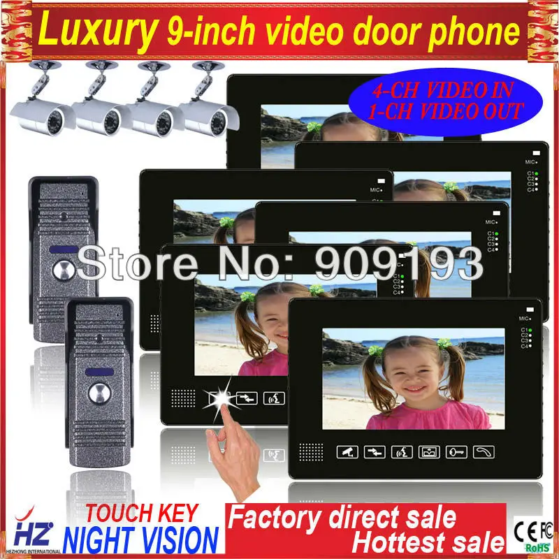 Free shipping 9&quot color TFT-LCD wired video door phone 2 to 6 support 4CH in 1CH out rainproof night vision | Безопасность и