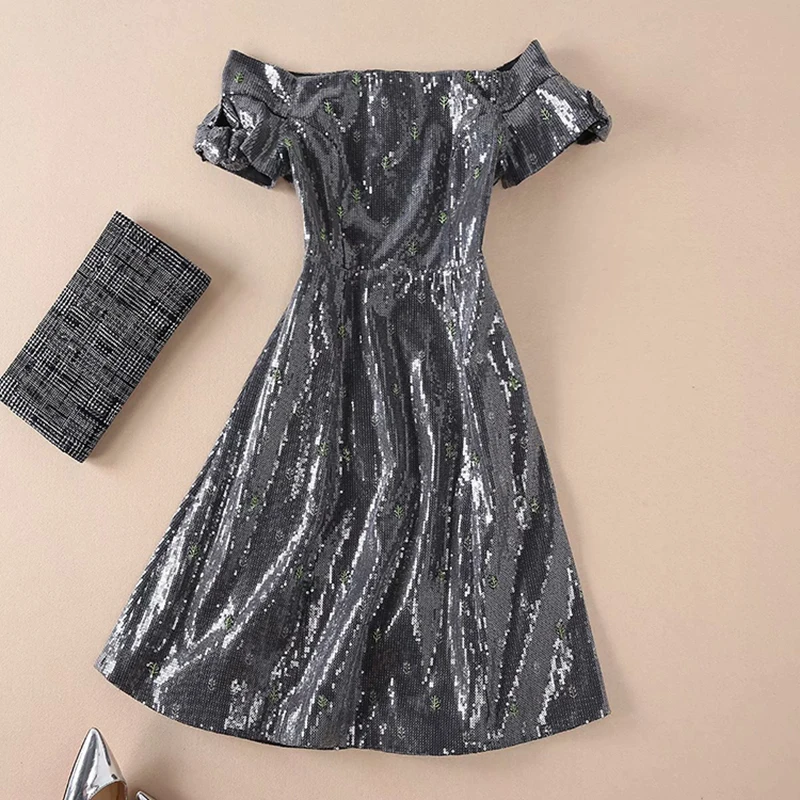 HIGH QUALITY New Fashion 2018 Designer Runway Dress Women's Slash Neck Stylish Sequined |