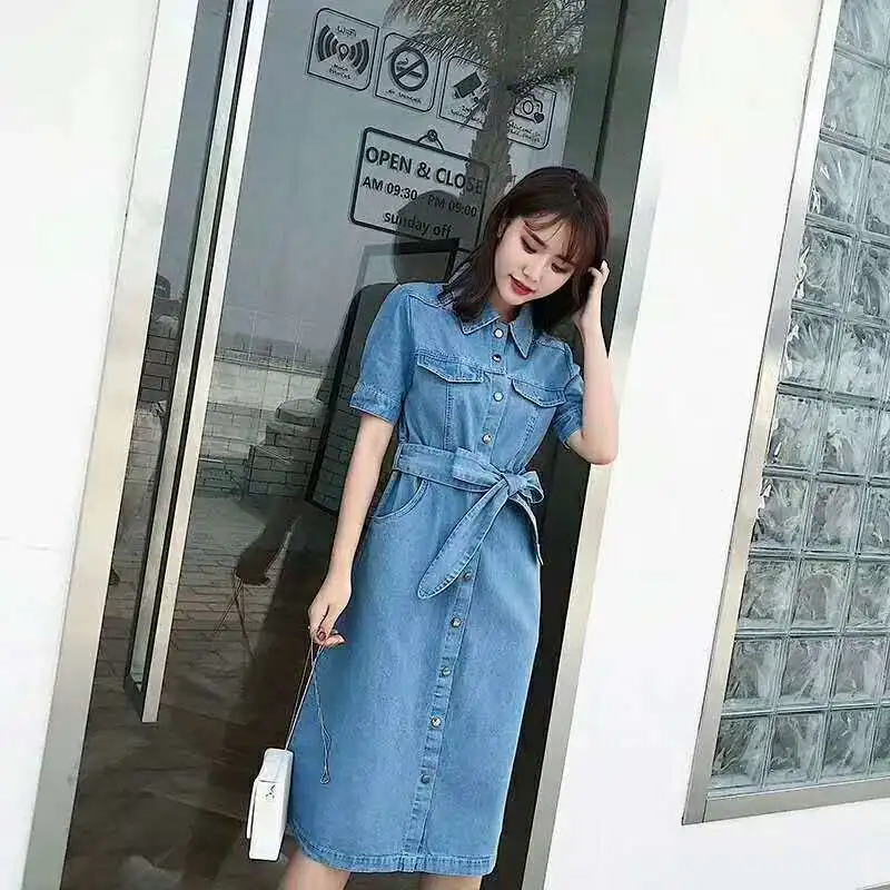 Women Denim dress Pockets Cowboy Lace Up dress women dress 2019 summer style loose high waist bandage Mid Dress Jeans