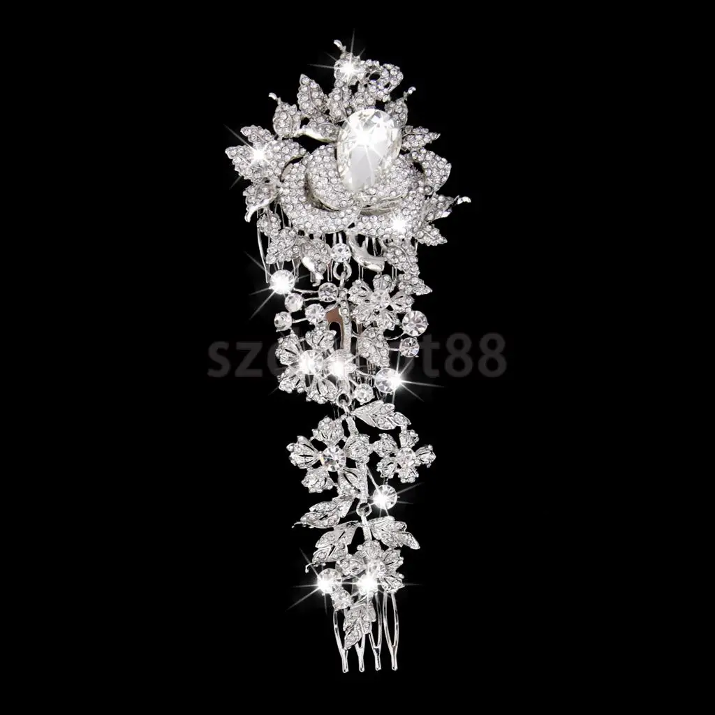 

Silver Bridal Wedding Rhinestone Rose Flower Hair Comb