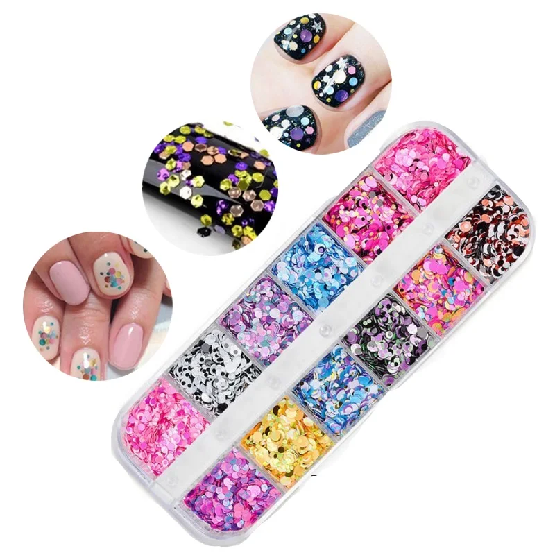 

12 Grids/Sets Nail Glitter Sequin Mixed Mirror Meramid Sugar Round DIY Flake Nail Art Decorations Nails Accessories 