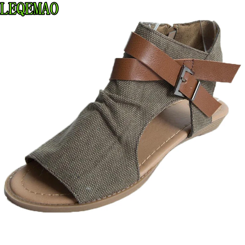 

2019 Womens Summer Sandals Canvas Peep Toe Shoes Open Toe Lace-up Flats Beach Casual Flip Flops