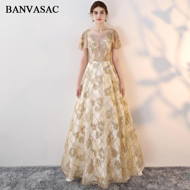 

BANVASAC Crystal Illusion O Neck 2018 Sequined Embroidery Long Evening Dresses Party A Line Lace Backless Prom Gowns