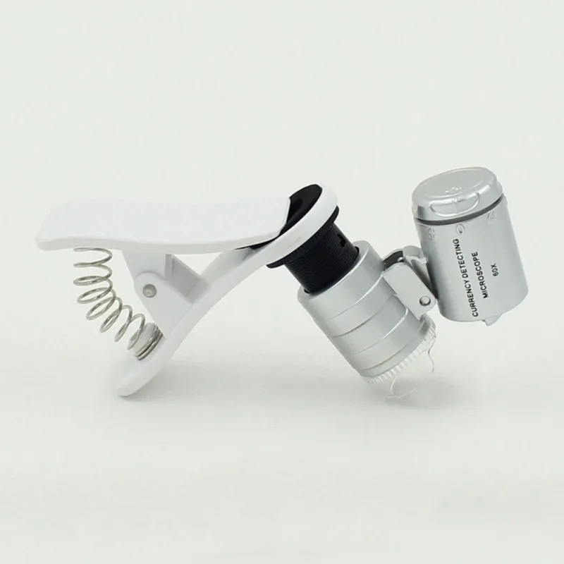 New 60X Universal Mobile Phone Mini Clip LED Microscope Magnifier Loupe UV Currency Detector Flashlight Silver