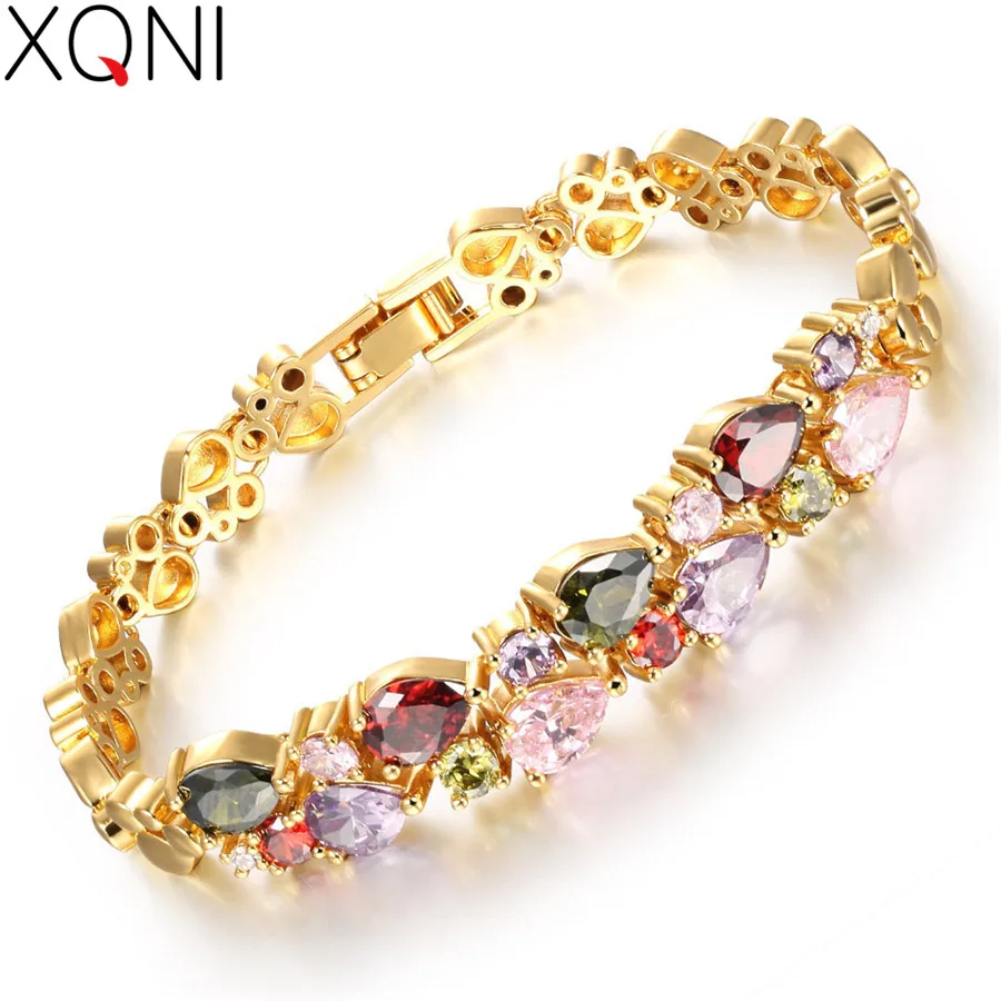 XQNI Мульти-Цвет кубический циркониевый Мона Лиза женский браслет в винтажном стиле золотого цвета дизайн сердца для женщин звено цепи ювелирные изделия подарок