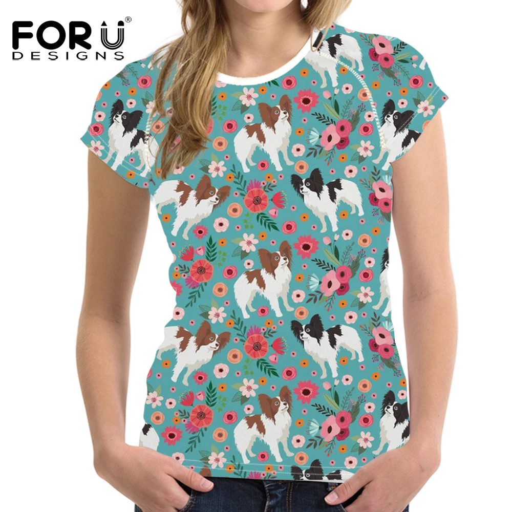

FORUDESIGNS Funny T Shirt Women Papillon Print T-shirt Teenagers Flower Pattern Floral Tees for Female Girl Cartoon Tee Shirt