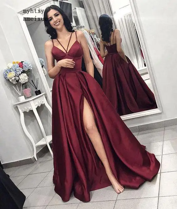 

2020 Burgundy Sexy Satin Evening Dress Long Sexy V-neck Slit Formal Wedding Party Dresses Spaghetti Strap Cheap Evening Dresses