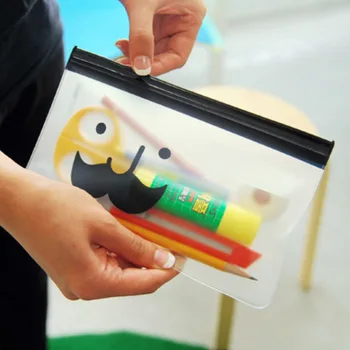 

2017 Cute Smile Face Mustache Slider Zip Folder PVC File Clear Pencil Pen Bags Pencils Case for Exam Wholesale 1 Pc