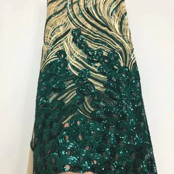 

2019 Hot Sell French Green /Gold Sequins lace fabric,High Quality African Sequins Tulle Mesh Net Lace /guipure Swiss lace Fabric