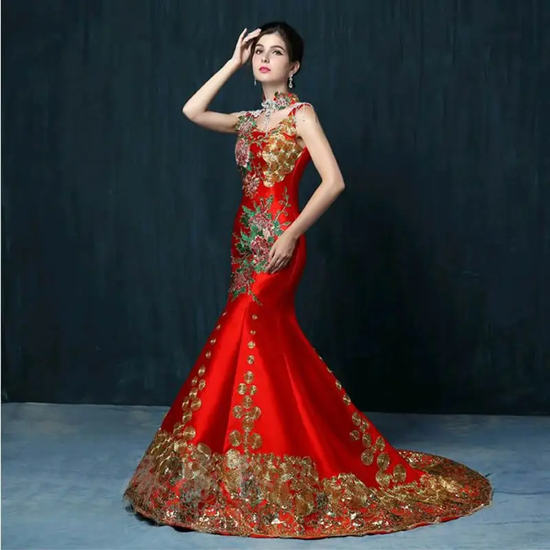 

Free Shipping Luxury Red Embroidery Trailing Evening Dress Bride Wedding Qipao Cheongsam Chinese Oriental Dresses Traditional