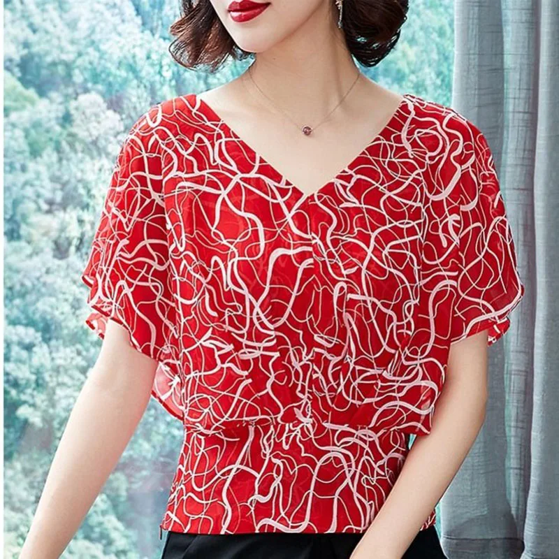 

Summer Women Chiffon Blouses And Top Butterfly Short Sleeve V Neck Casual Shirts Tops Polka Dot Print Shirt Blouse DD2586
