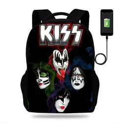 Прохладный Рок-Группа Kiss рюкзак с принтом для мальчиков-подростков детская USB школьные сумки для мальчиков Для женщин сумка рок ноутбук