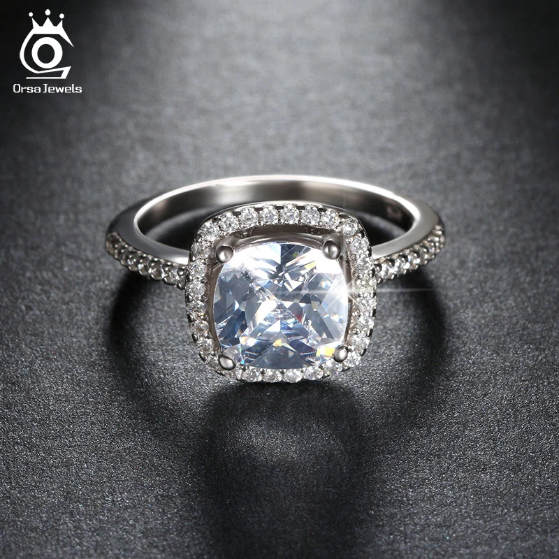 ORSA JEWELS Top Grade Wedding Ring with Big Size 2 Ct Cushion Cut Cubic Zircon Ring Luxury Engagement Ring for Women OR94