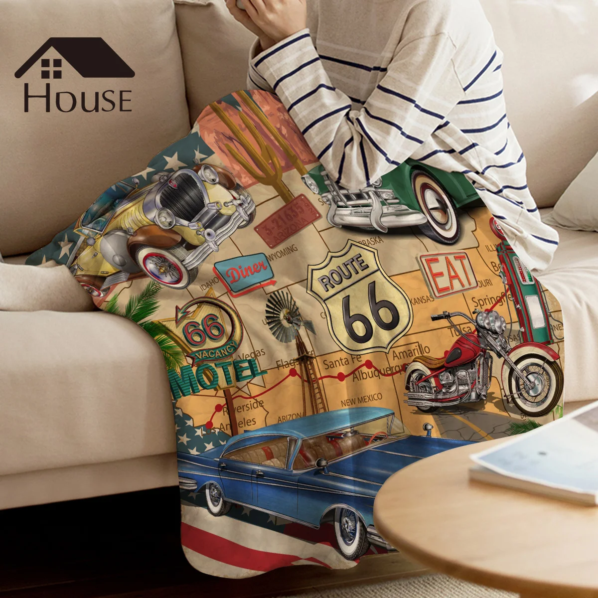 

BIGHOUSES Throw Blanket Retro Route 66 Poster Warm Microfiber Blanket