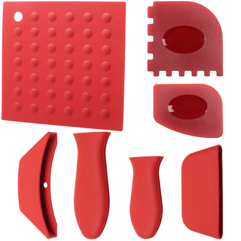 7PCS High Temperature Resistant Insulation Sleeve Silicone Pot Handle Scraper Grill Trivets Scraper Pot Mat Kitchen Gadget Sets