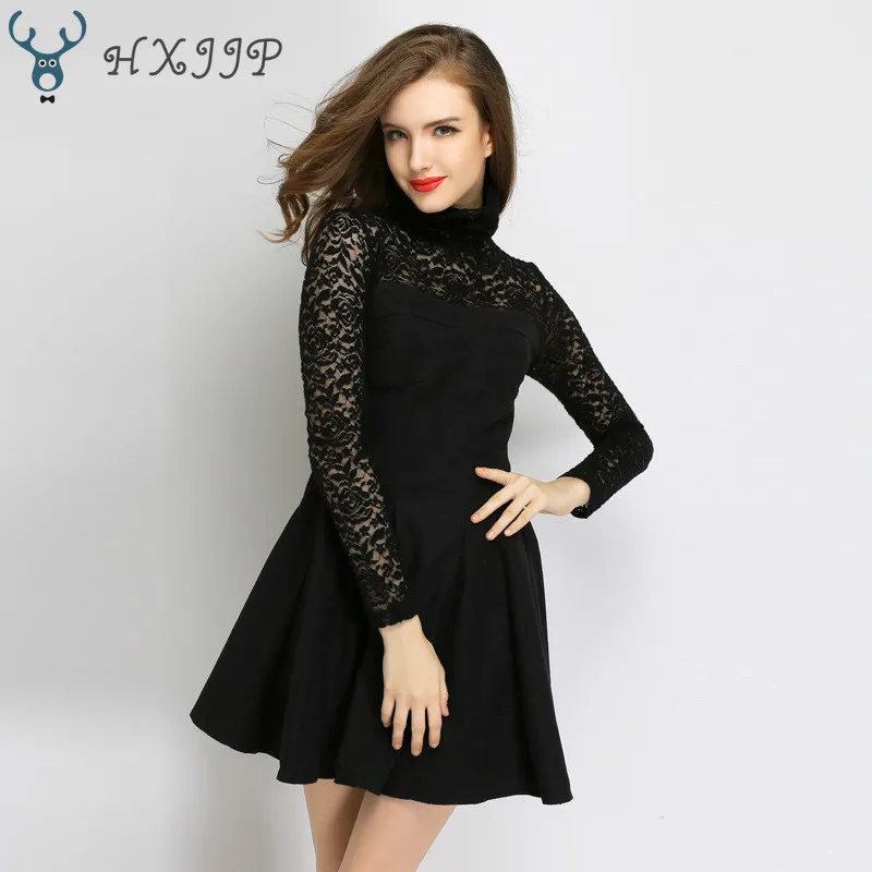 

Spring Autumn New High-collar Lace Wool Long-sleeved Dress Temperament Bottom Dress Office Lady A-Line Solid Women's Dress