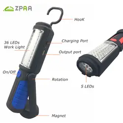 Zpaa Многофункциональный USB Перезаряжаемые 36 + 5 светодиодный фонарик Открытый работы стенда Света магнит + крюк + мобильный Мощность для