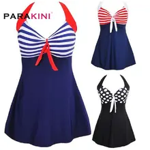 PARAKINI, Женский сдельный купальник, платье,, сексуальный, в полоску, с подкладкой, Холтер, купальник, юбка, пляжная одежда, купальник, плюс, большой размер, 3XL