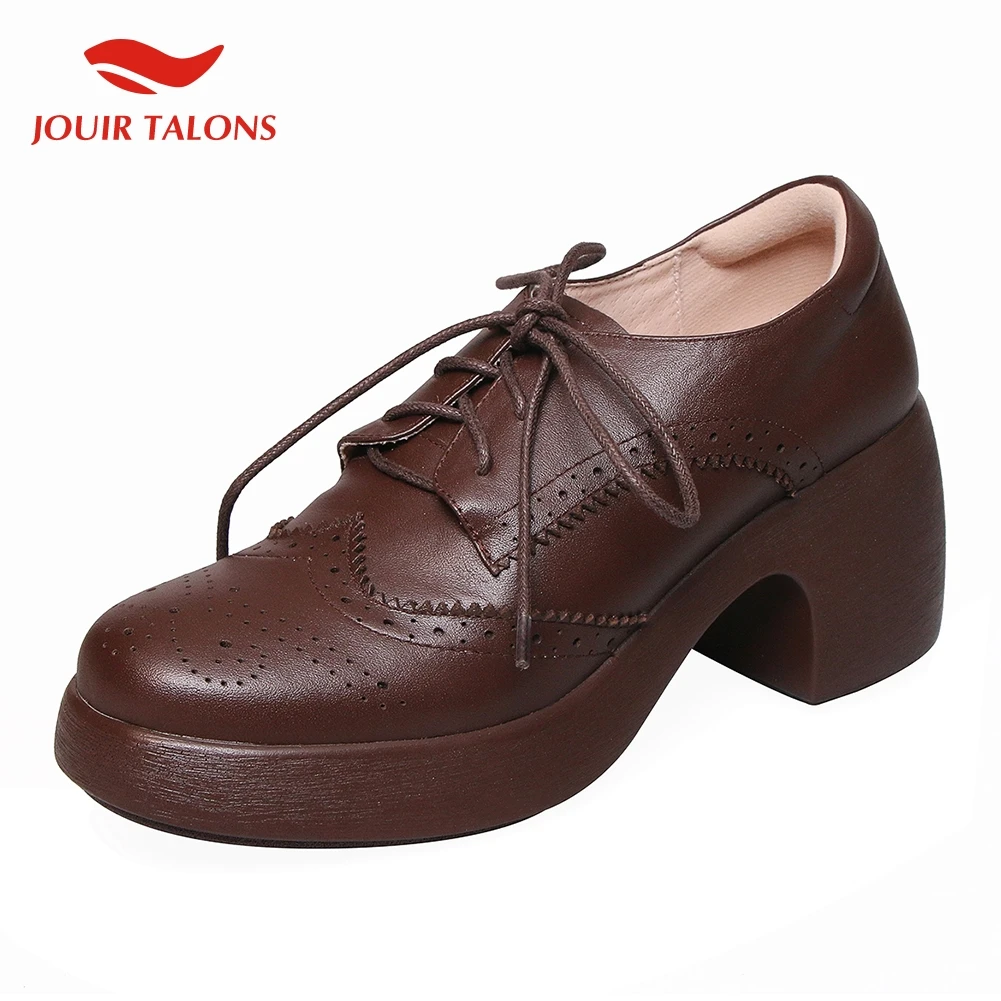 

Genuine Cow Leather Lace Up Square Heeled New Shoes Woman Retro Brogue Shoes Women Lace Up Platform Casual Pumps Woman Shoes