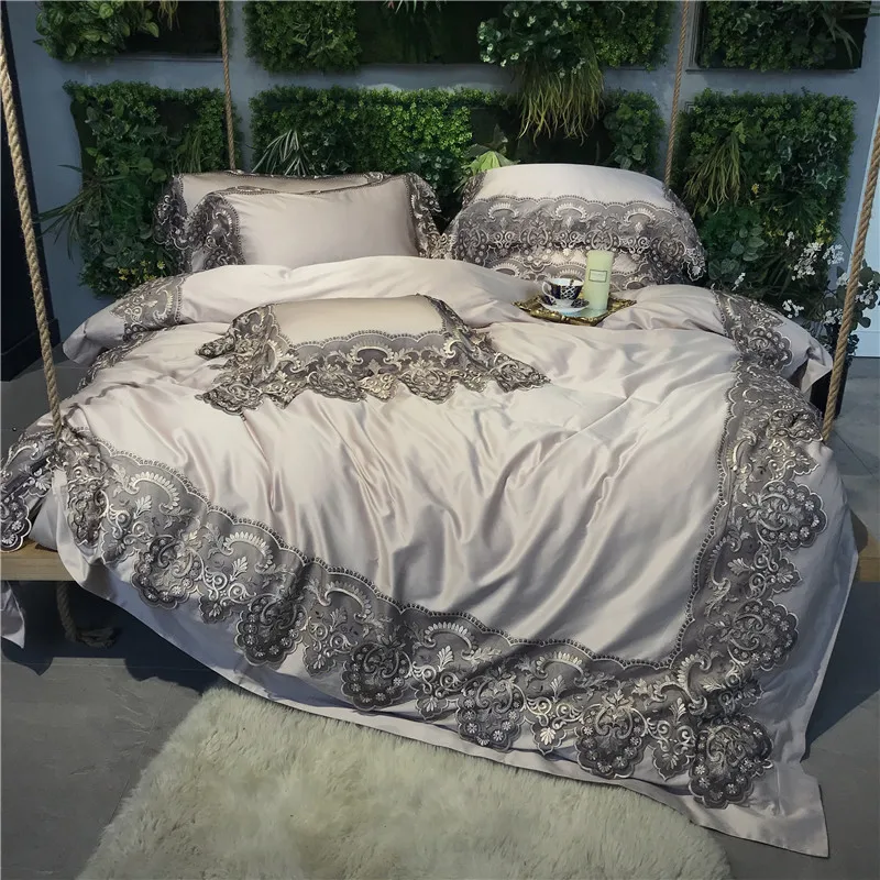 

Grey Romantic French Flair Lace 100S Egyptian Cotton Luxury Royal Bedding set Duvet cover Bed sheet Bed Linen Pillowcases 4/5pcs