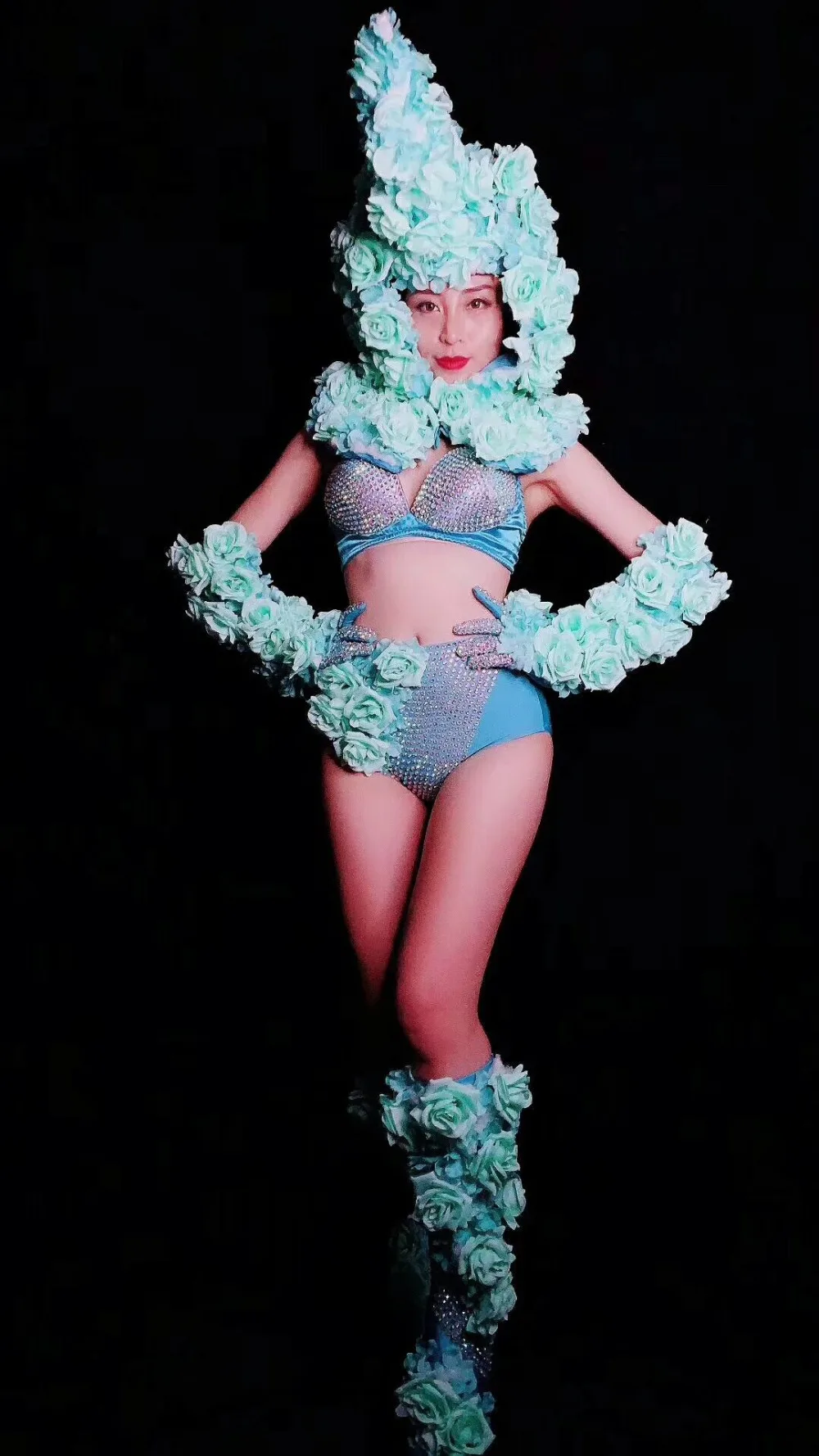 WomenNew синий горный хрусталь цветок украшения набор стрейч сексуальный комплект Пром наряд для вечеринки танцевальное шоу Команда Одежда