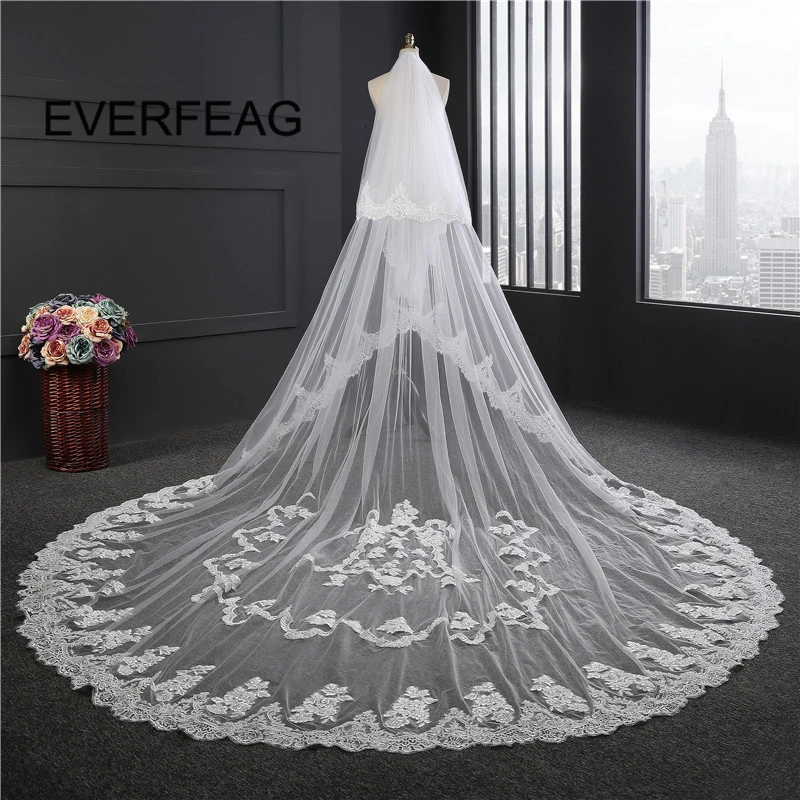 Real Photo 350cm Cathedral Wedding Veil White Ivory Two Layer Lace Edge