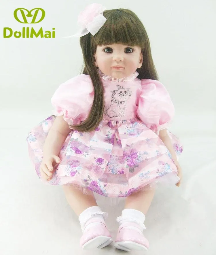 

24" Reborn dolls soft silicone reborn babies pink dress brown hair realistic girl bebe alive reborn bonecas kids gift