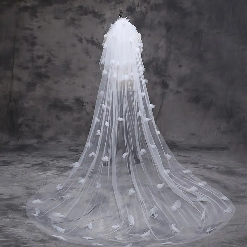 

Tulle Wedding Dress Veils Fluffy White Flowers Petal Multi Layer Super Long Bridal Hair Veil Bride Fairy Marriage Accessories