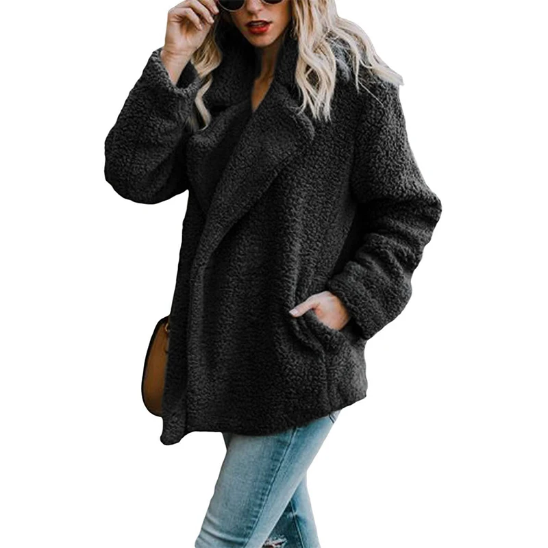 Осенне-зимняя теплая одежда женская куртка плюшевое пальто Искусственный ворсистый флис искусственный мех плюс размер куртка женская верхняя одежда - Цвет: Черный