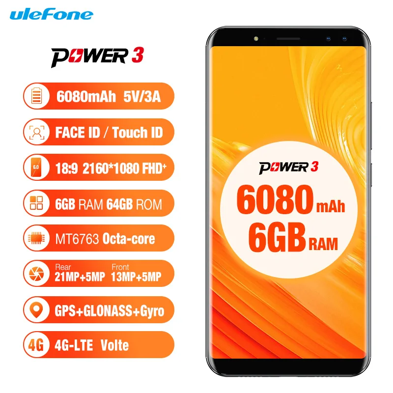 Ulefone Power 3 4G LTE Smartphone 6 Inch 18:9 Full Screen Face ID MTK6763 Octa Core 6GB RAM 64GB ROM Android 7.0 6080mAh 16.0MP