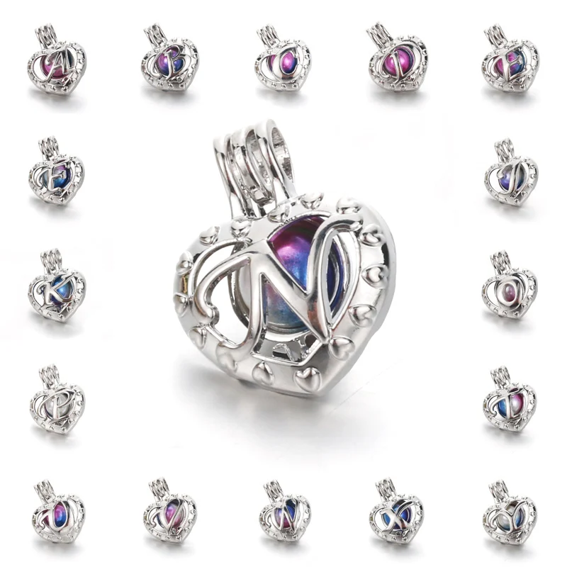 

6pcs Bright Silver 26 letters Hollow Design Jewelry Making Supplies Pearl Cage Locket necklace Pendant Essential Oil Diffuser
