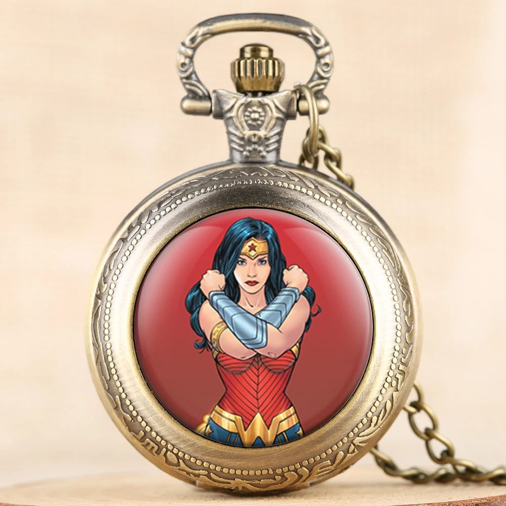 Superwomen Pattern Quartz Pocket Watches Movie Theme Pocket Watch Necklace Chain Arabic Numerals Dial Pendant Clock Men Women - Цвет: 4