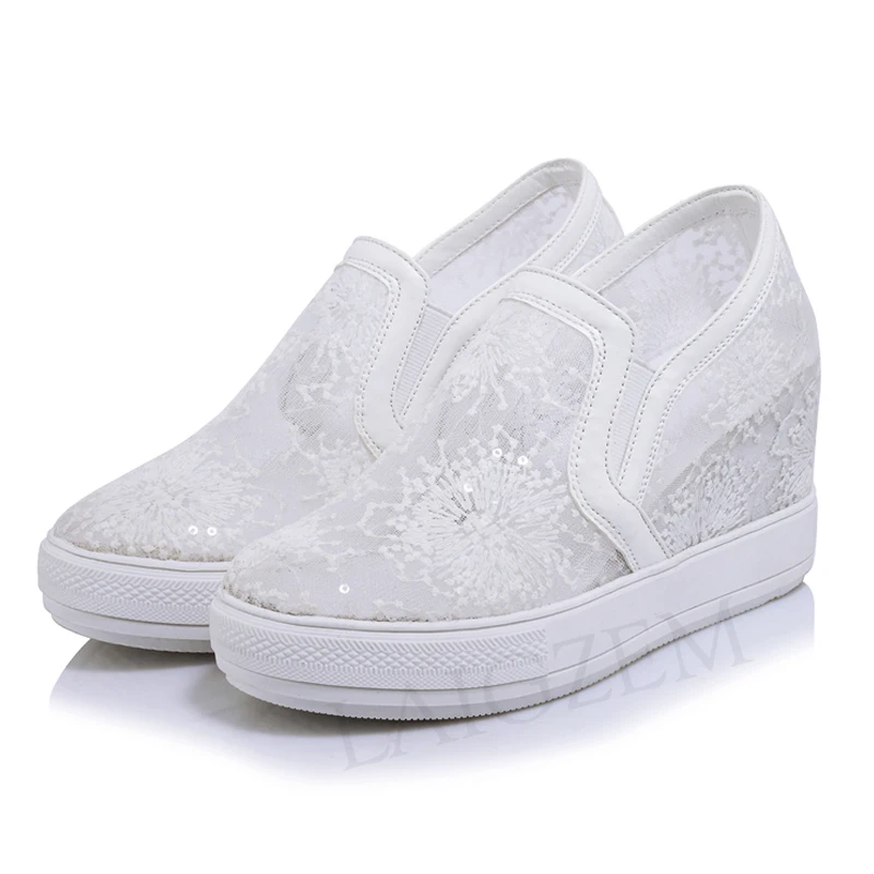 

LAIGZEM Sequined Women Sneakers Round Toe Wedge Height Increasing Mesh Casual Shoes Woman Chaussure Sapato Large Size 33-45