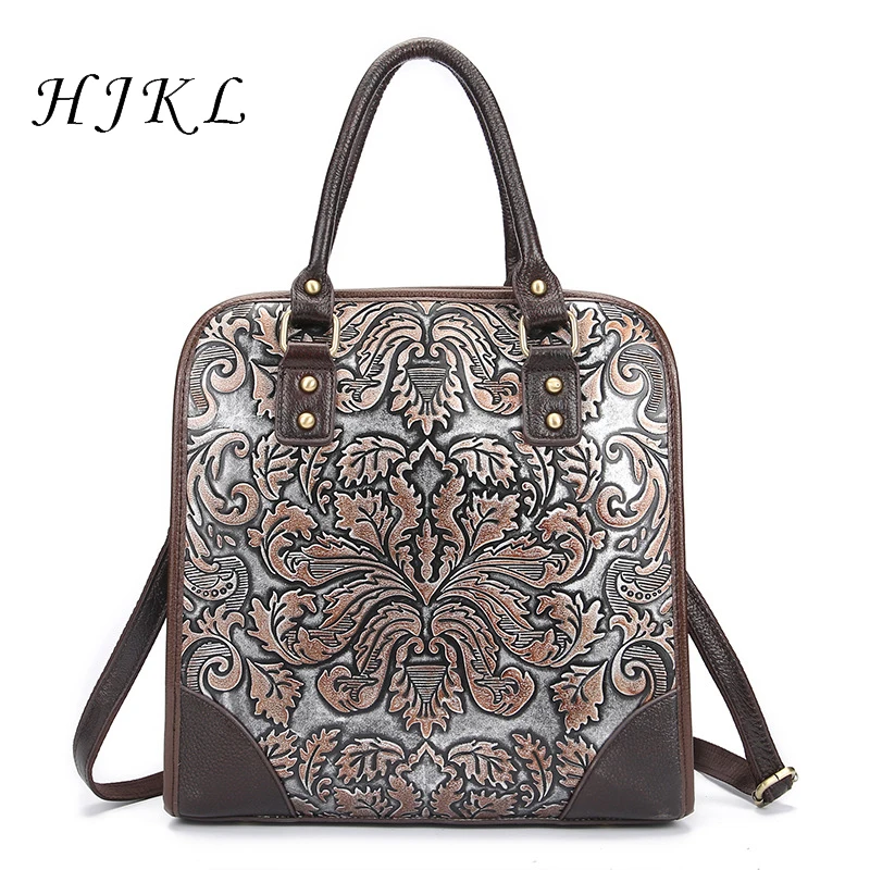 

HJKL 2018 Vintage Handbag Floral Embossing Briefcase Top Handle Genuine Leather Bags Natural Skin Luxury Cross Body Tote Purse