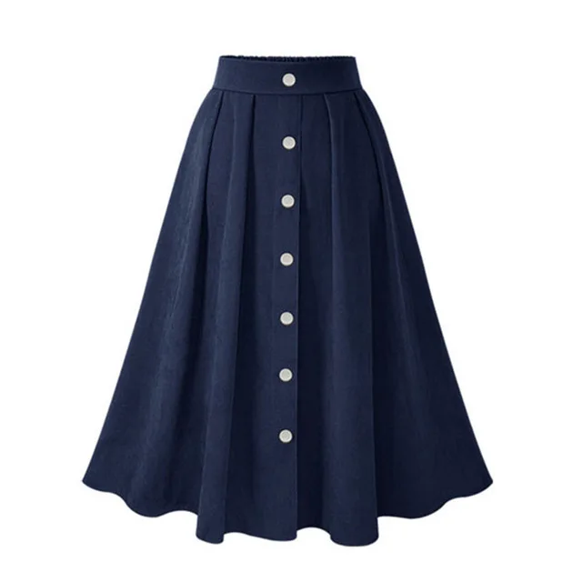 Женские плиссированные юбки с высокой талией на пуговицах эластичная юбка средней длины корейский стиль женские юбки мода весна осень зима низ - Цвет: Синий