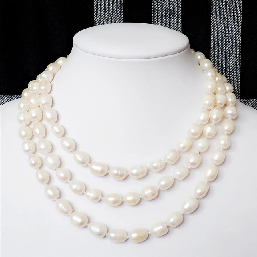 

2019 New hot! Rice shape 8-9mm White freshwater pearl long necklace 50inch DIY women handmade jewelry fashion style AA1850