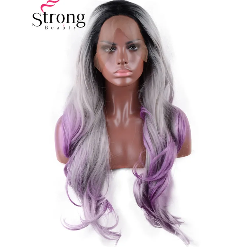 StrongBeauty длинные волнистые синтетические волосы на кружеве парики термостойкие темные корни черный синий Омбре парик цвета выбор