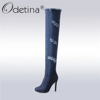 

Odetina Fashion Blue Over The Knee Denim Boots For Women Thigh High Jeans Boots Stiletto High Heel Side Zipper Plus Size 43