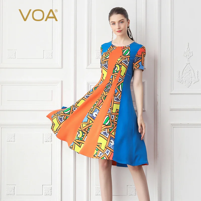 

VOA Heavy Silk Summer Dress Women Midi Dresses Short Sleeve Orange Sweet Casual Elegant Clothes Boho Elbise Large Size A10016