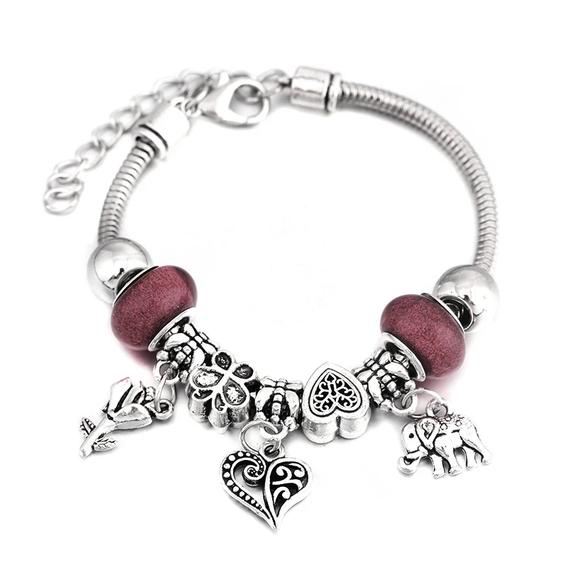 Charm Bangle Lobster Buckle Snake Chain Jewelry Elephant Flower Beaded Bangles For Women Summer Bracelet LOVE Romantic Gift