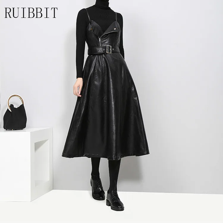 

2018 New Autumn Winter Punk Women Faux Leather Black Dress Belt A-Line Spaghetti Strap Sleeveless Evening Party Club Wear Dress