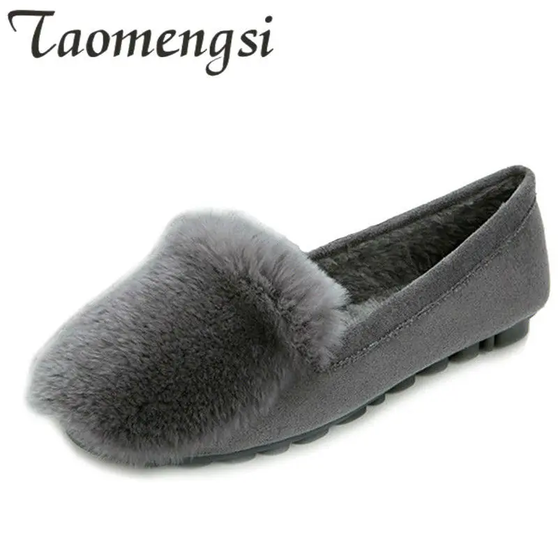 

Winter Plush Shoes Women Casual Rabbit Fur Flats Big Size 41 42 43 Flat Shoes Women Round Toe Autumn Boat Shoes 2 Colors Flats