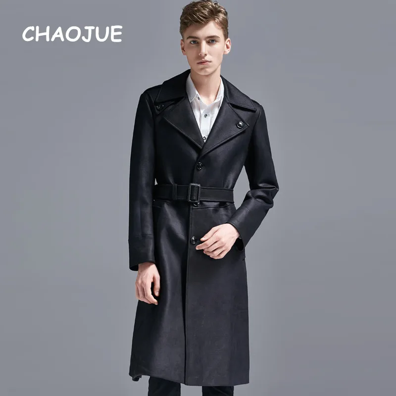 Мужское длинное однобортное пальто CHAOJUE черный тренчкот из искусственной замши