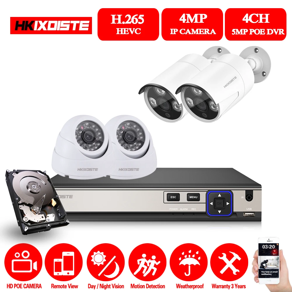 HKIXDISTE Plug and Play 5.0MP HD 4CH POE NVR 24 ИК День Ночь Крытый Открытый водостойкий безопасности POE IP купольные камеры CCTV системы