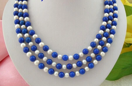 

11.25 stunning 3rows 8mm round white freshwater pearls blue lapis lazuli necklace