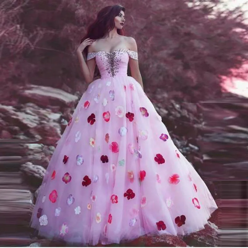Zoete Roze Avondjurk Elegant Zipper Terug 3D Bloem Tulle lange Prom Formele Jurken Uit Schouder Kralen Party Gown Abendkleider Zoete Roze Avondjurk Elegant Zipper Terug 3D Bloem Tulle lange Prom Formele Jurken Uit Schouder Kralen Party Gown Abendkleider