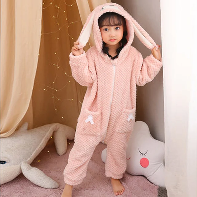 Bunny Ear Kids Pajamas For Girls Onesie Children Plush Rabbit Animal Pajamas Girl Flannel