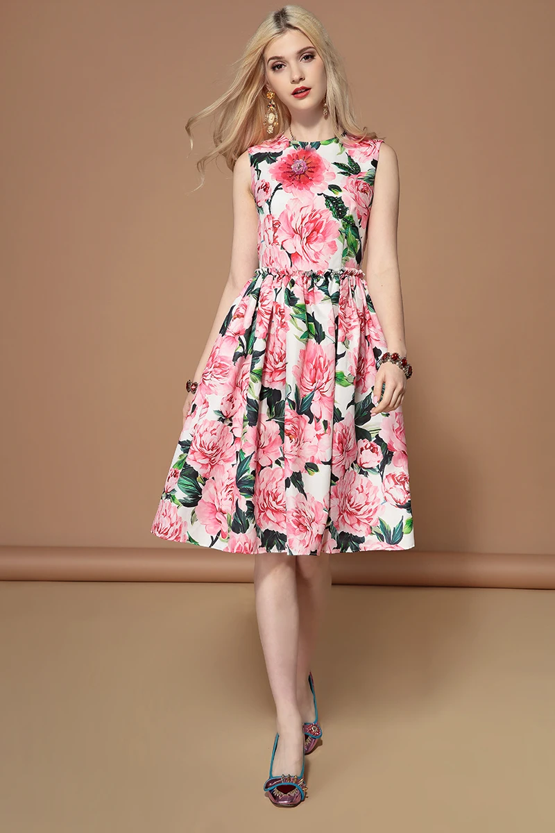 Женские платья без рукавов LD LINDA DELLA, летнее платье без рукавов, белое платье с цветочным принтом, повседневное платье с розовым цветком, вечернее платье